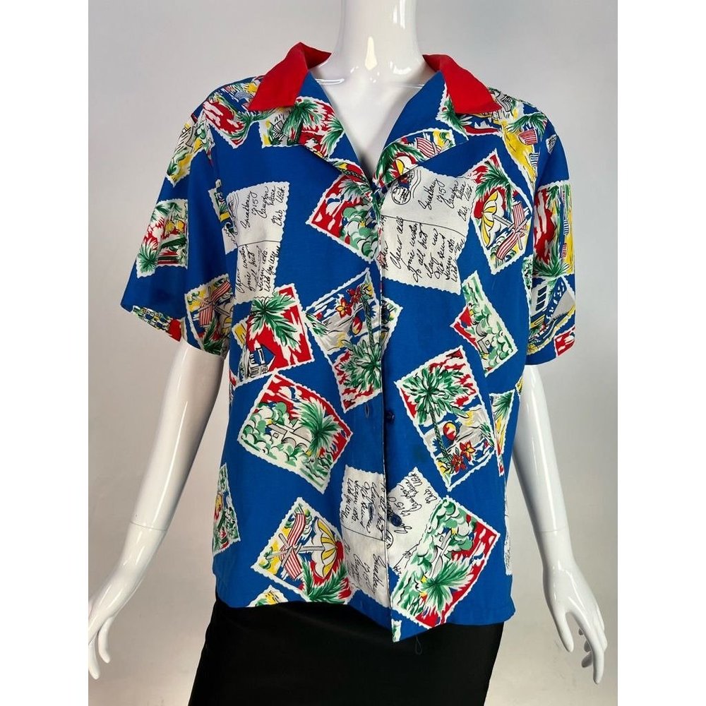 Koret Womens Blouse Blue Tropical Postcard Short Sleeve Collar Petites L